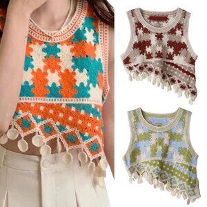 NEW Green Sleeveless Hollows Tanks Vests Loose Fit Tops Knitted Tops